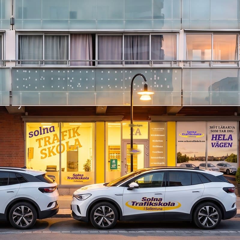 Solna Trafikskolas nya lokal på Malmvägen 2A i Sollentuna med skolbilar parkerade utanför